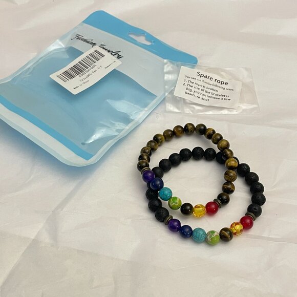 Hamoery Set of 2 Chakra Bracelets Lava Rock & Tiger Eye - Picture 7 of 16